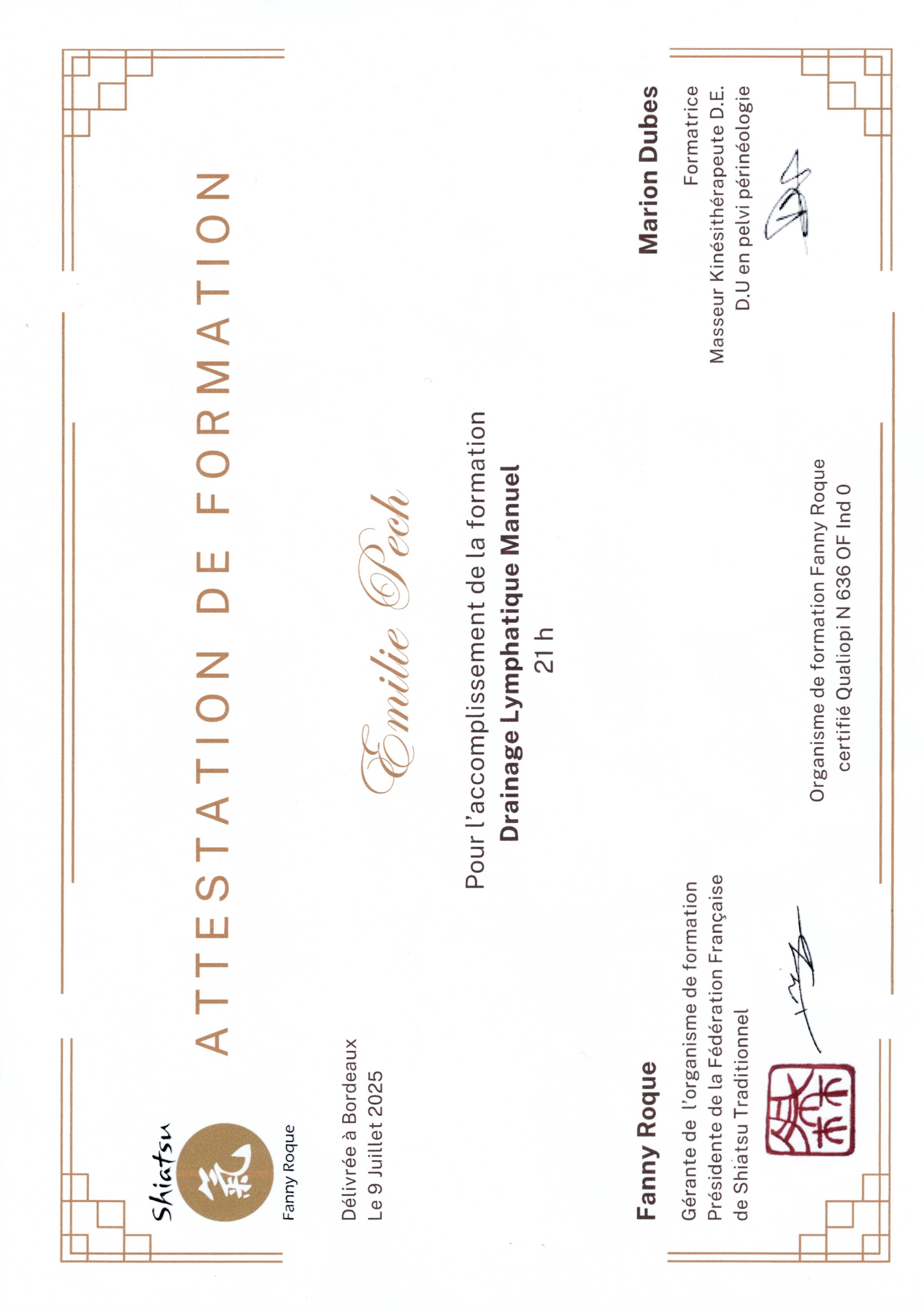 Attestation de Formation Drainage Lymphatique Manuel