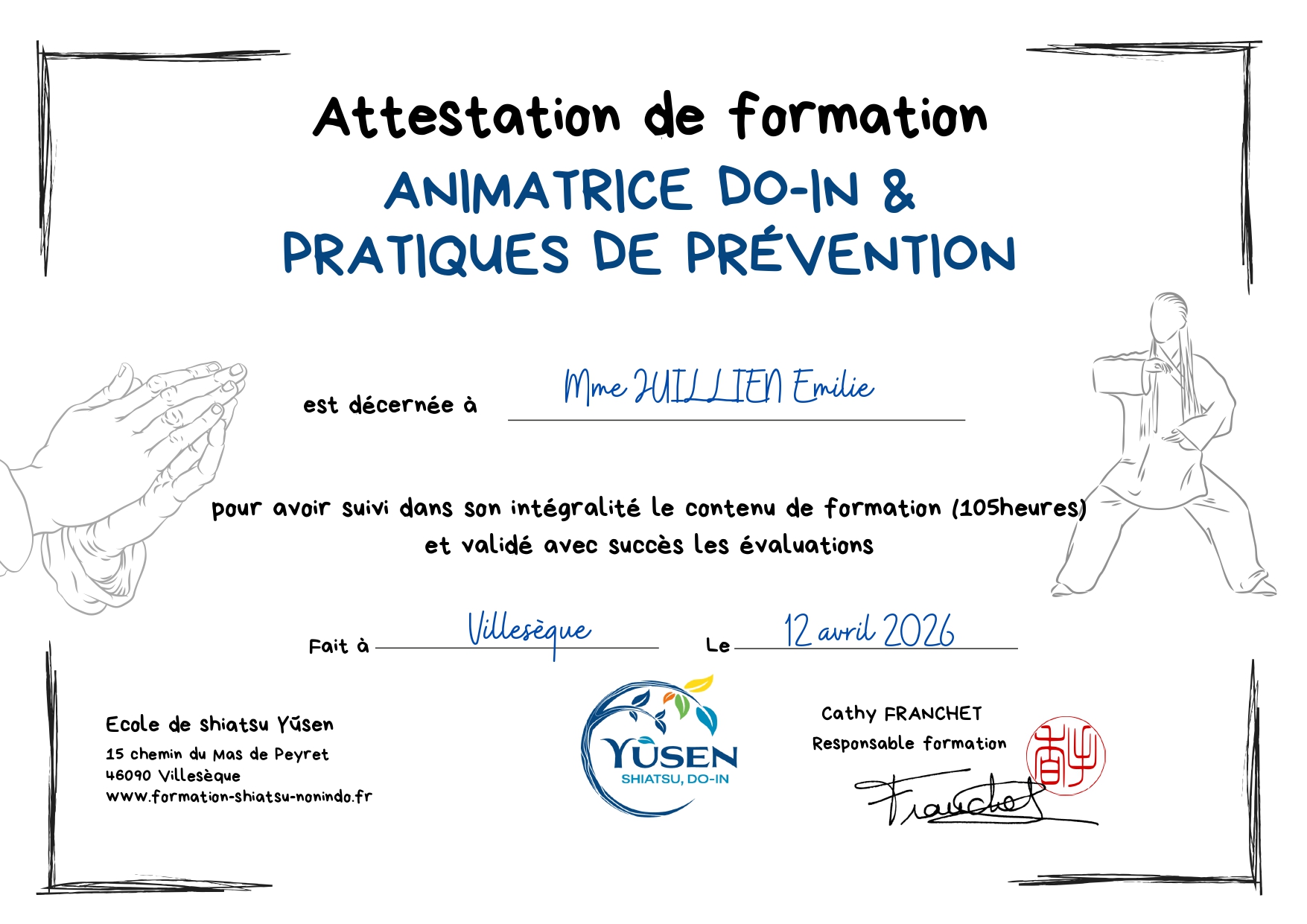 Attestation de formation Animatrice Do-In & Pratiques de prévention
